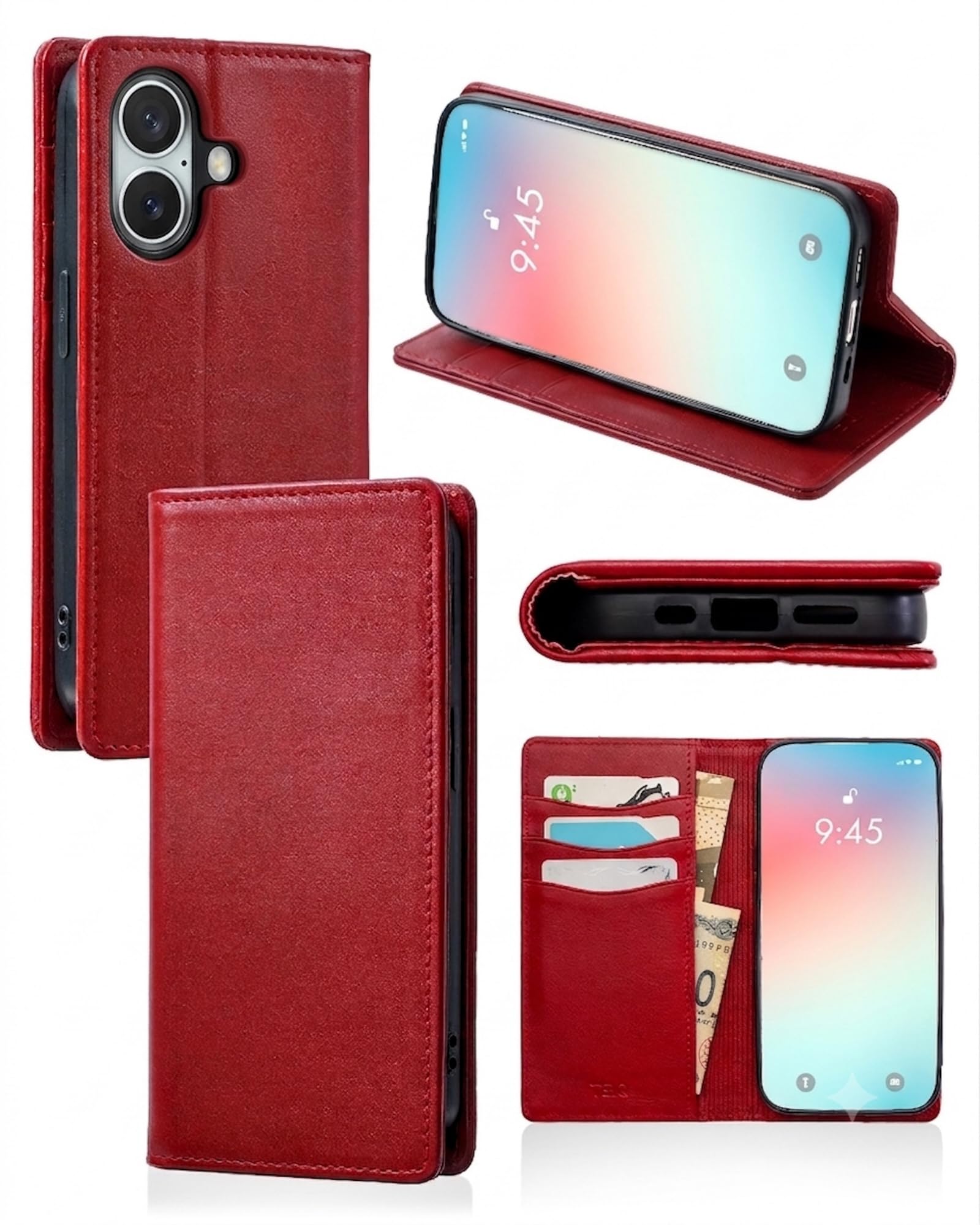 TEIQ iPhone 17 用 ケース 手帳型 本革 フルグレインレザー 携帯ケース LPC-IP17-RD (レッド)