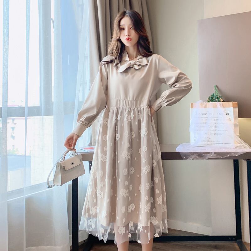 【新作】【送料無料】 マタニティウェア2020秋と冬の新しいファッションメッシュステッチ年齢を減らすドレス、トレンディな母親のミドル丈マタニティドレス-アリババ オータム 秋物 ウィンター 冬物 expec225857373919