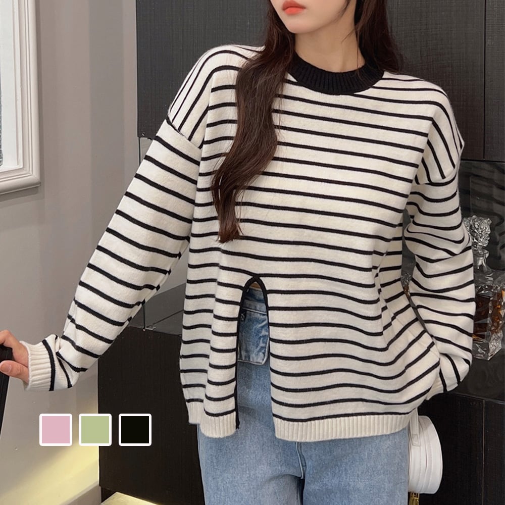 ニットトップス フロントスリット 秋冬