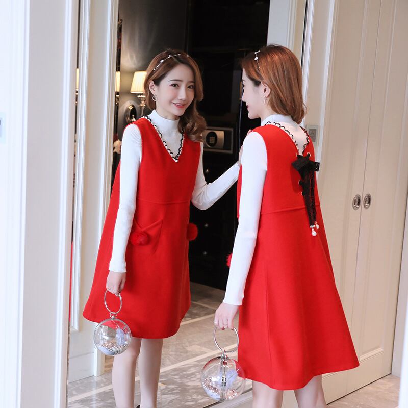 【新作】【送料無料】 マタニティウェア2020冬の新しいセーター+ボウウールミドル丈ベストスカートカジュアル妊娠中のツーピースセット-アリババ リボン ウィンター 冬物 expec286787552262