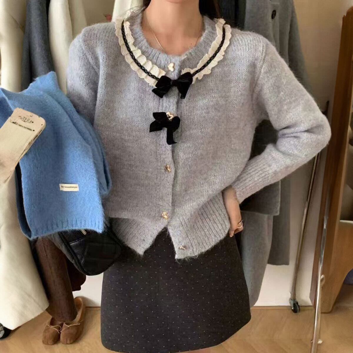ニット カーディガン 長袖 レディース 春秋冬 韓国 レトロ きれいめ フェミニン 大人 かわいい 襟レース リボン フリル おしゃれ ハートボタン ショート丈 大人可愛い 大人女子
