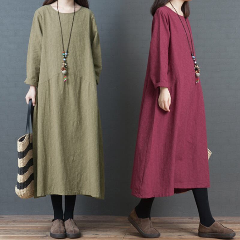 初回送料無料プラスサイズロングドレスラウンドネックミドル丈ワンピース