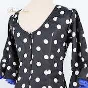 フラメンコ 衣装 ワンピース ドレス ドット 水玉 ボランテ フリル 光沢 黒 白 青 ブラック系 ホワイト系 ブルー系 ダンス パーティ 発表会 光沢感 軽め ブラックドレス シンプル フォーマル フラメンコダンス ステージ衣装 かわいい