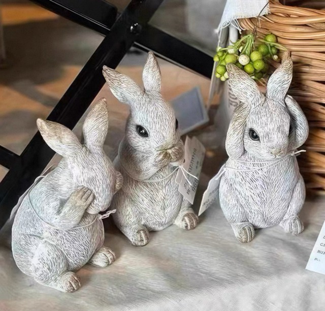 【3set】Antique  rabbit stand【ｍ1252】うさぎガーデン置物3点セット