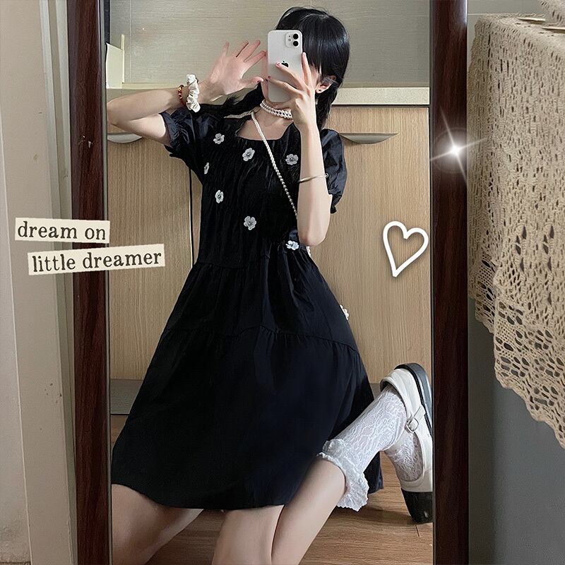 スタンダードFlowerデザイン ブラックドレス サマースカート レトロ 大人ガーリー スウィート キュート カジュアル 夏物 フラワーデザイン 萌量不足5054936719