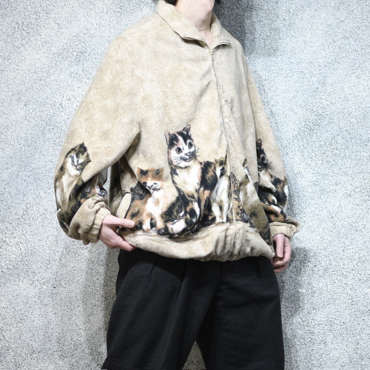 cat pattern zip up fleece