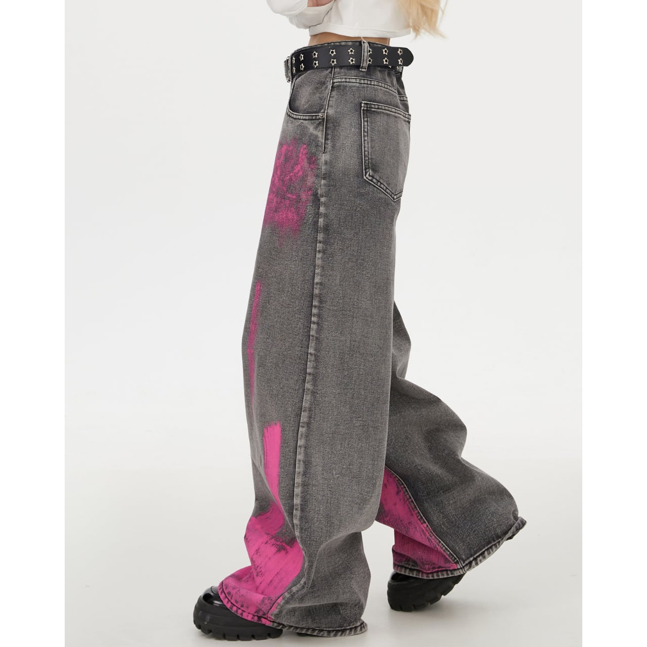pink painted baggy denim ピンクペイントバギーデニム J0942