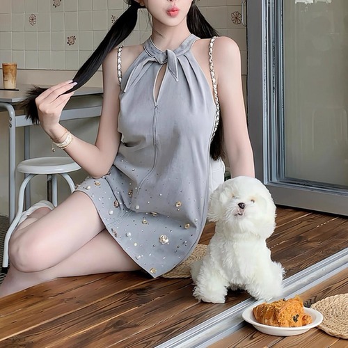 パールデコリボンネックノースリーブワンピ ・70518