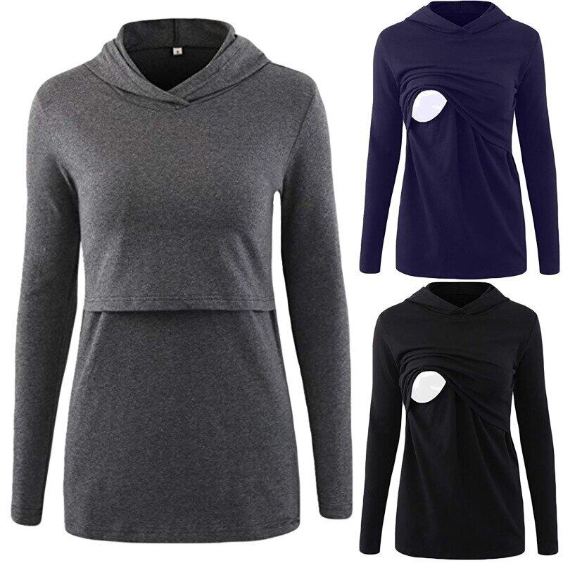 【新作】【送料無料】 女性のマタニティ服プルオーバートップス看護スウェットシャツ母乳育児パーカー長袖レイヤードナース妊娠中の服 ロング レッド expec523122637554