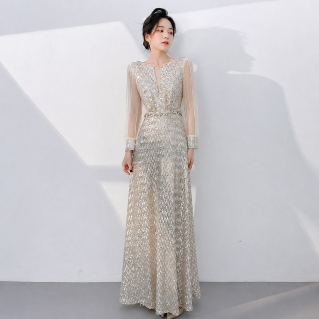 Sequined Long Dress with Beaded Belt (4color) V3487