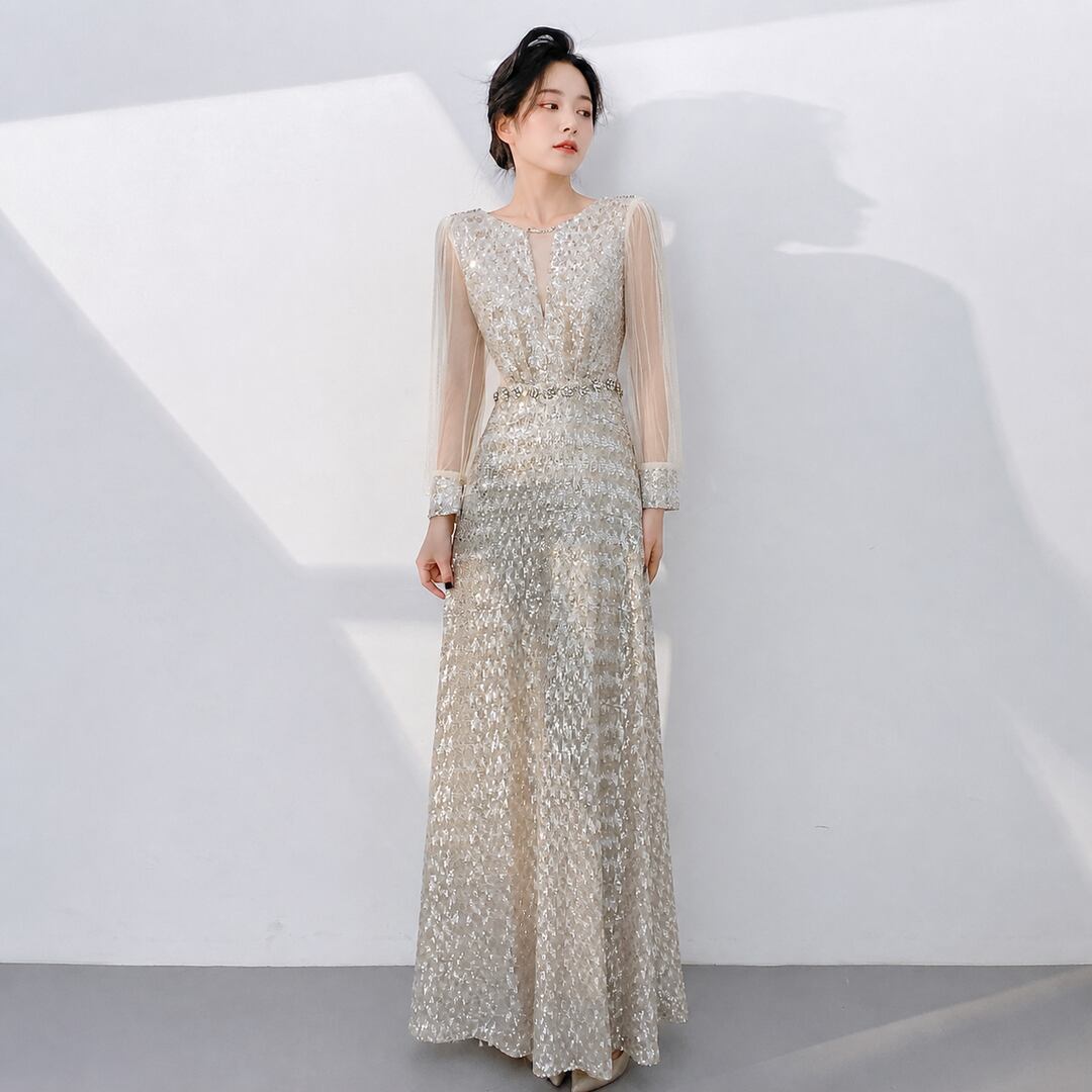 Sequined Long Dress with Beaded Belt (4color) V3487