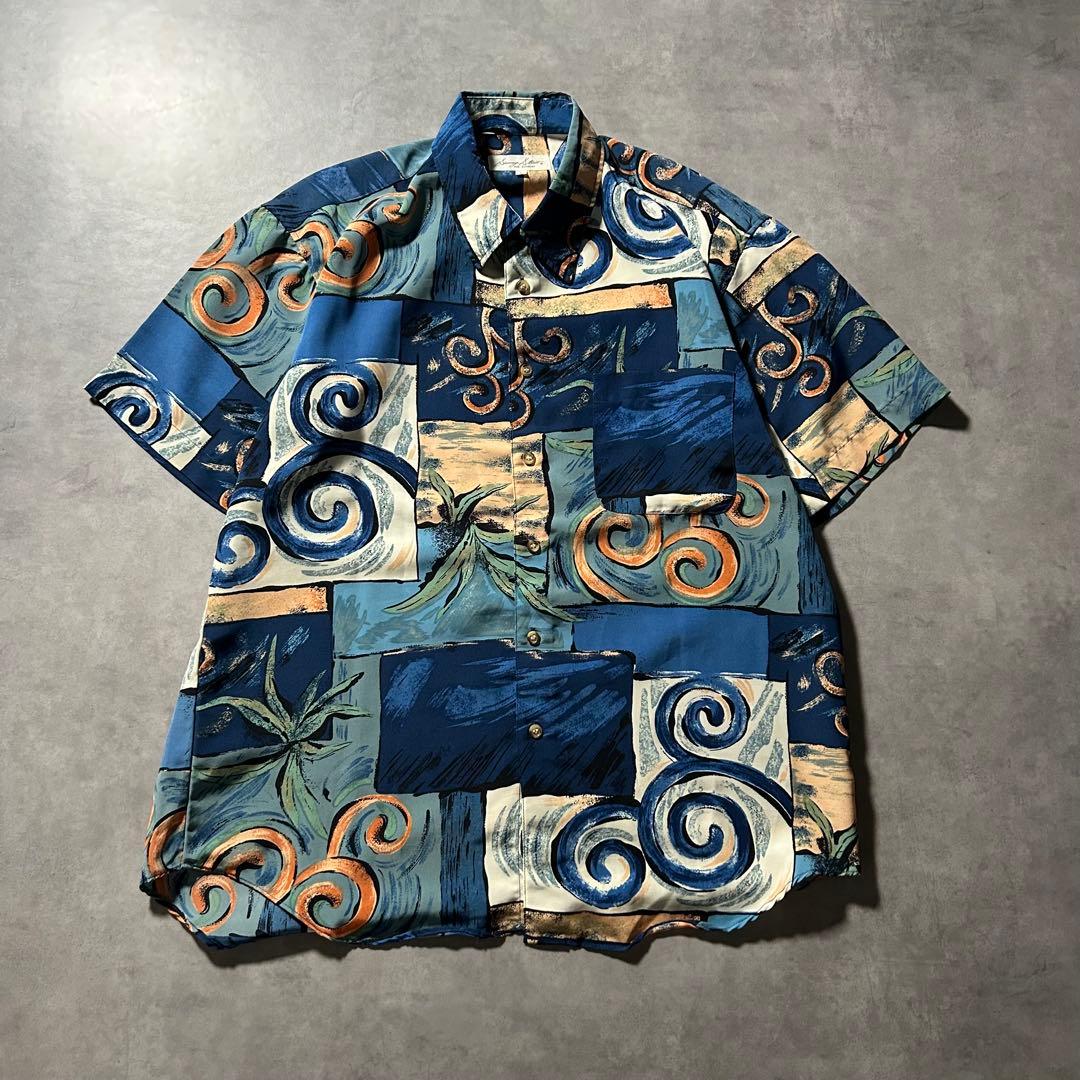 ヴィンテージ アートパターン ブルー レトロ デザイン 総柄 シャツ