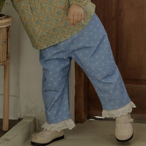 秋レース付き綿製小花カジュアルパンツ2色