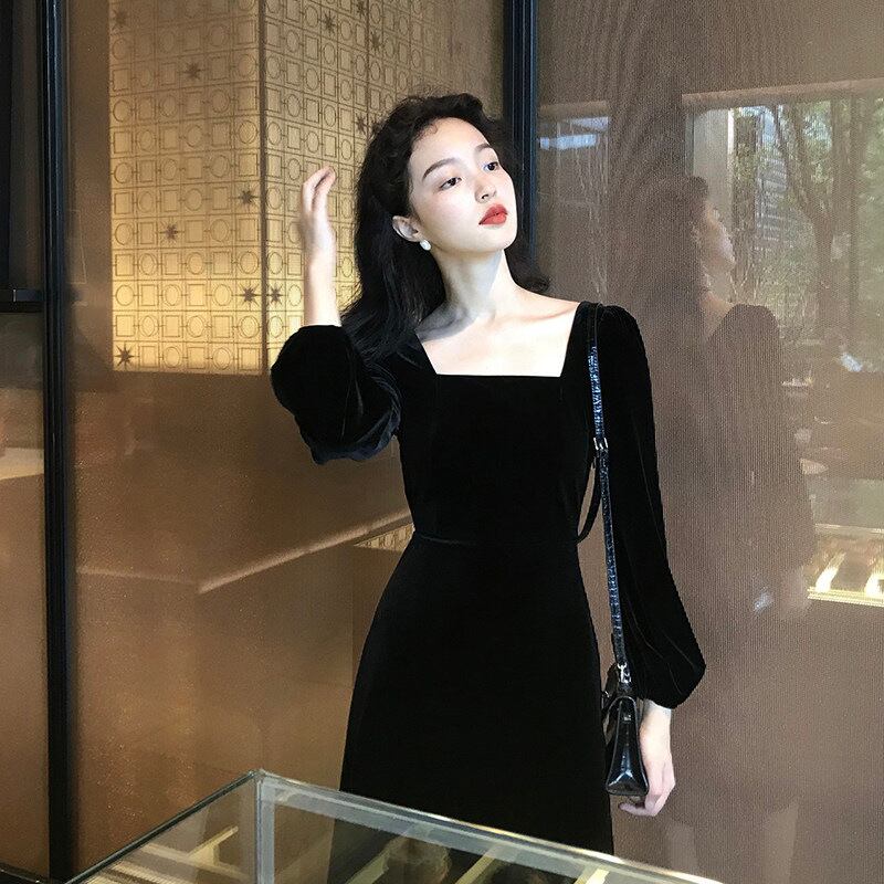 【新作】【送料無料】 良質フランスのハイエンドブラックゴールドベルベットドレス 2023 新しい気質イブニングドレスライト高級 0257347885949