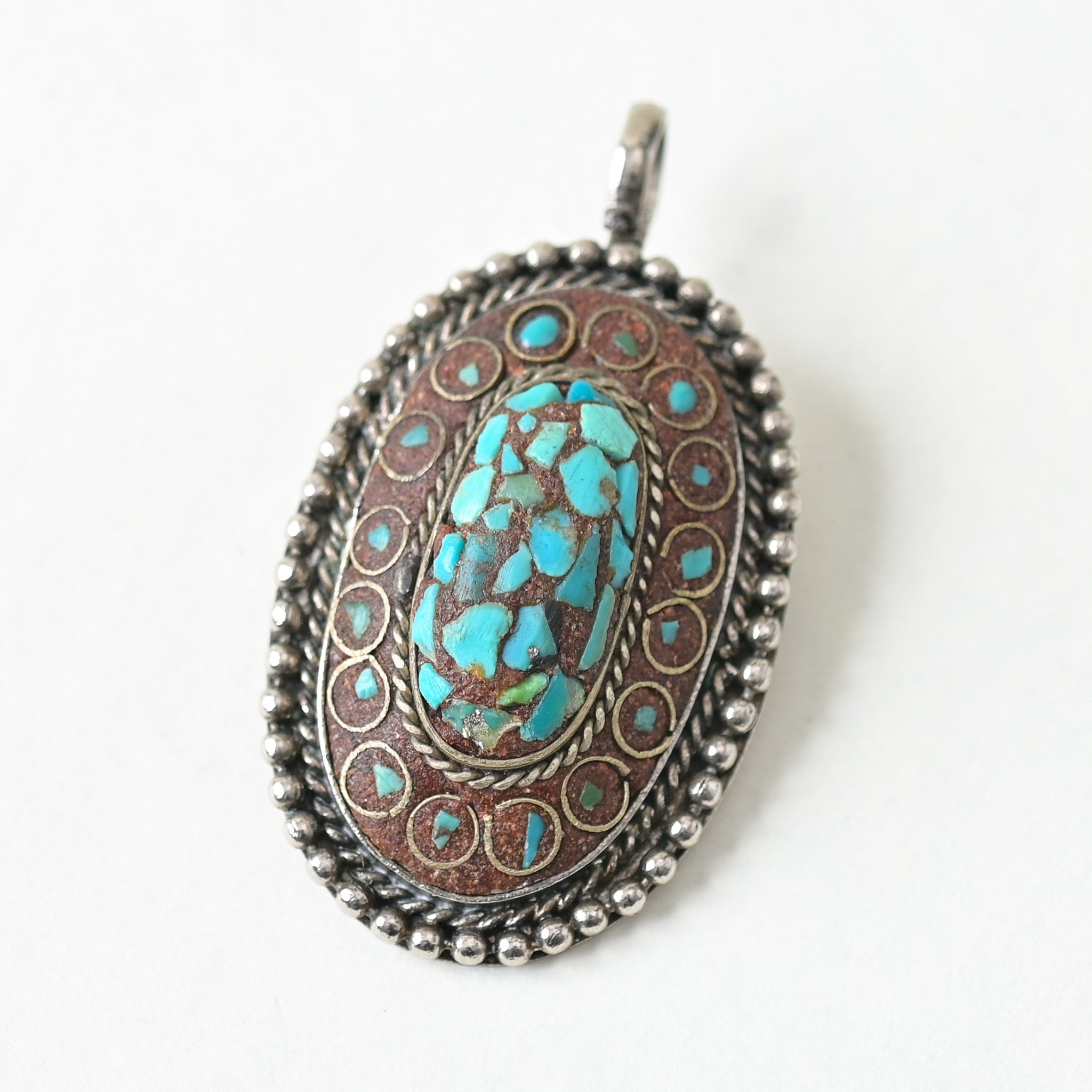 中央アジア・シルクロード】ターコイズ風モザイクペンダントトップ／縦
