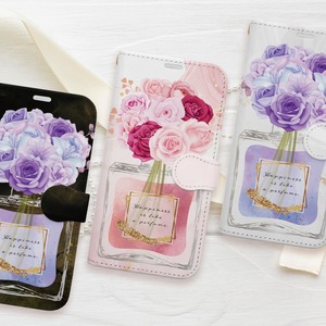 送料無料 iPhone 花と香水の手帳型スマホケース 選べるスタンド機能 ベルトなし対応