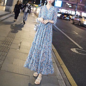 ワンピース レディース 送料無料 ロング 5分袖 花柄 シフォンワンピ vネック ハイウエスト 春夏 122986