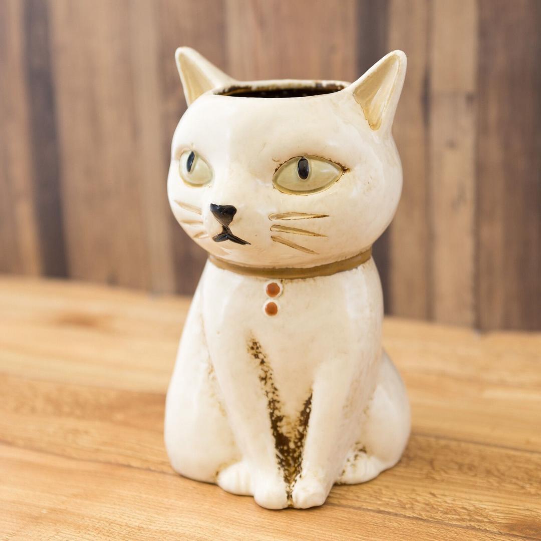 ネコバスケット 小物入れ 白 フラワーポット 猫 アイアン 2604IFH004 セラミックフラワーポット 白猫 黒猫 ネコ 花瓶 観葉植物 プランター