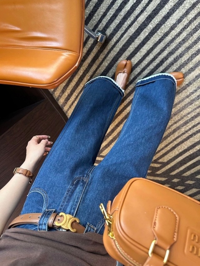 Lace trim cropped wide denim　M521