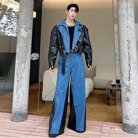 予約販売】メンズ セットアップ 上下 長袖 デニム 異素材 レザー