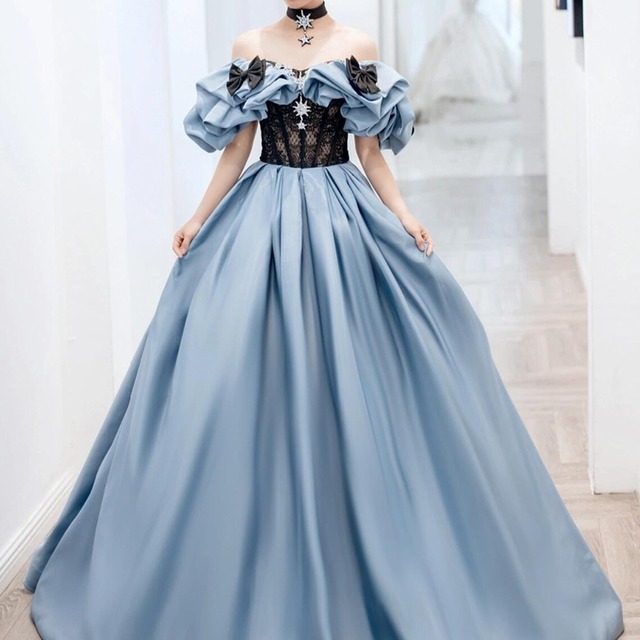 リボン＆レースギャザードレス　D0406