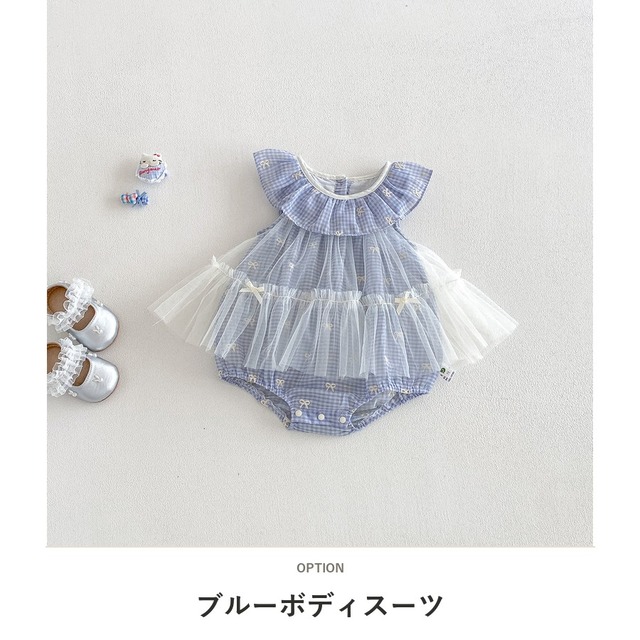 【BABY】チェックリボンチュールノースリーブロンパース - 2