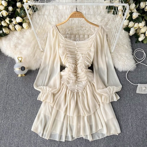 ワンピース シフォン ミニ丈 スクエアネック 長袖 パフスリーブ 無地 透け感 大人可愛い フェミニン ガーリー 春秋 お出かけ デート 女子会 ハイウエスト