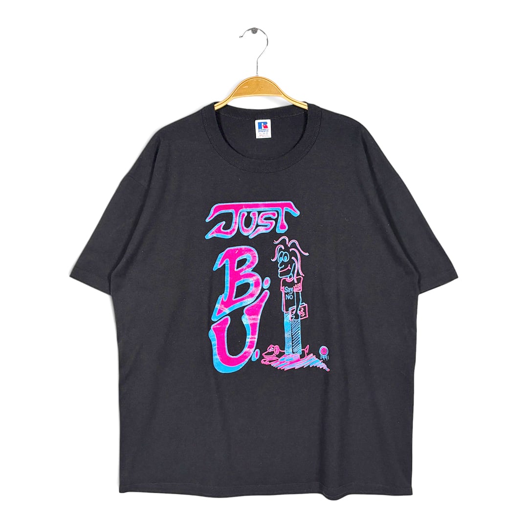 90s ラッセル ボストン大学 USA製 ヴィンテージ Tシャツ JUST B.U. ネオンカラー ブラック RUSSELL 袖シングル サイズL 古着 BZ0577