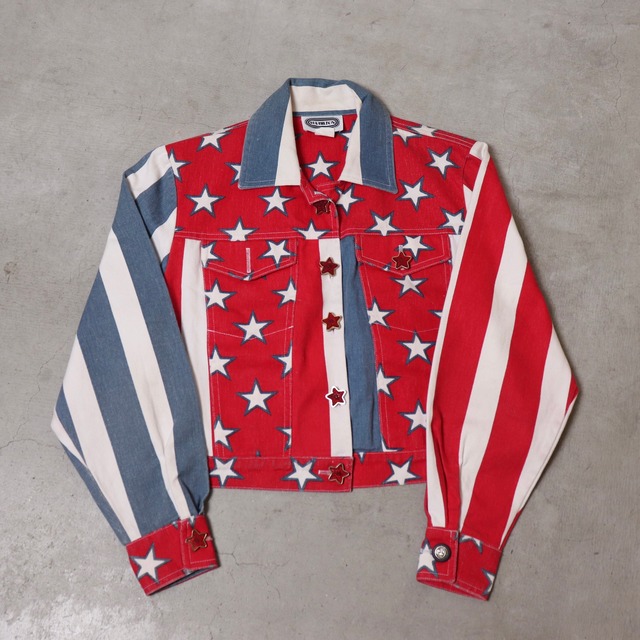 80s “HAMILTON” US Flag Print Denim Jacket Made in USA K271