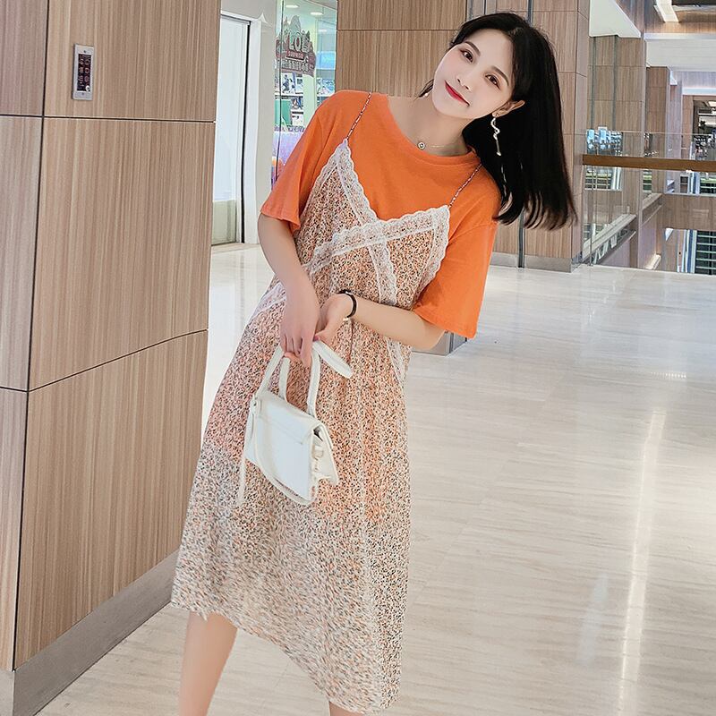 【新作】【送料無料】 マタニティウェア2020夏の新しい母乳育児ツーピース母乳育児Tシャツ+シフォンフローラルミドルレングスサスペンダースカート-アリババ サマー 夏物 花柄 expec284761166743