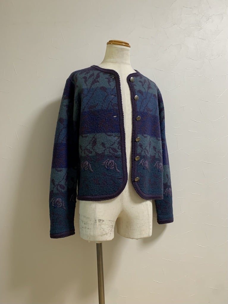1980~90's Knitting Pattern Embroidery No Collar Knit Jacket