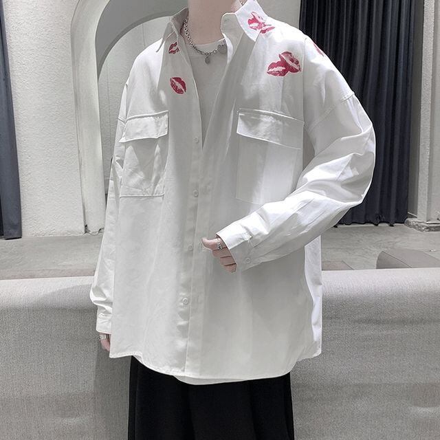 【予約販売】シャツ 長袖 メンズ キスマーク kiss ホワイト ブラック モノトーン シック こなれ感 お洒落 エレガント 韓国 トレンド 春 M/L/XL/2XL