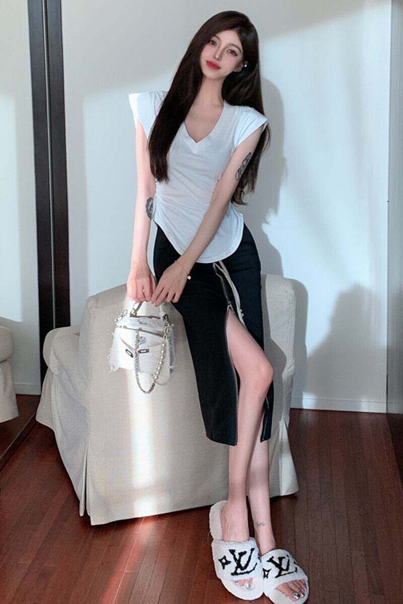 VネックホワイトTシャツ ハイウェストギャザージッパースカート レッドサマー ストリート 夏物 ガールズファッション10576106012