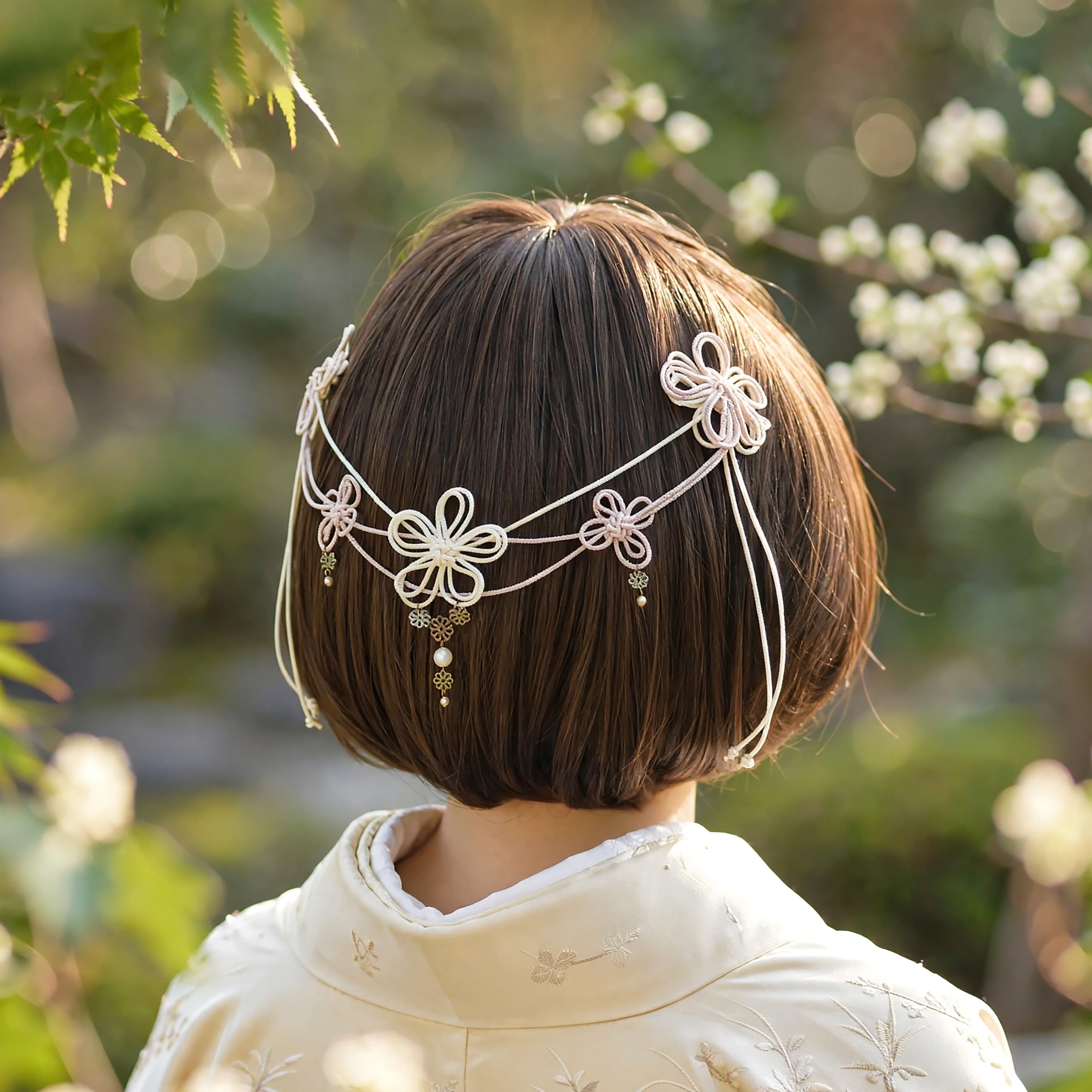 飾り結びヘアコーム「みちゆきて伝」(アイボリー×薄茶)【和風バックカチューシャ】浴衣・着物・フォーマルに。