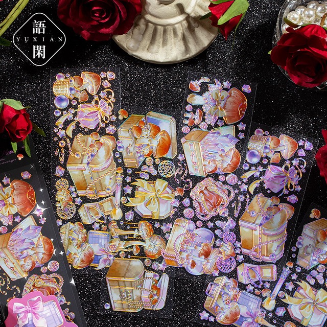 幻想的なきのこのキラキラ立体加工PETシール　金銀3種6枚入り【语闲】[YX-01]