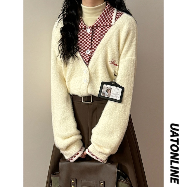 ♥ふんわり暖かい、くつろぎニット！【UATONLINEシリーズ】★セーター★ カーディガン 2color チェック柄 男女兼用 メンズ フェイクレイヤード