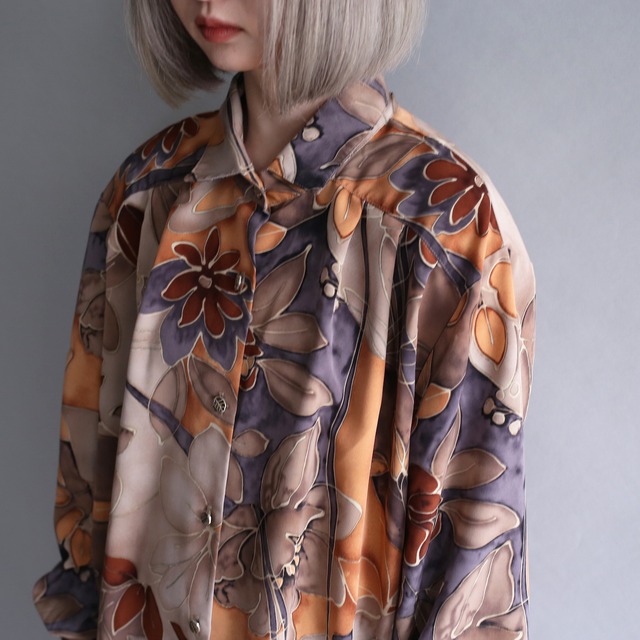 reef art pattern shoulder tuck design loose shirt