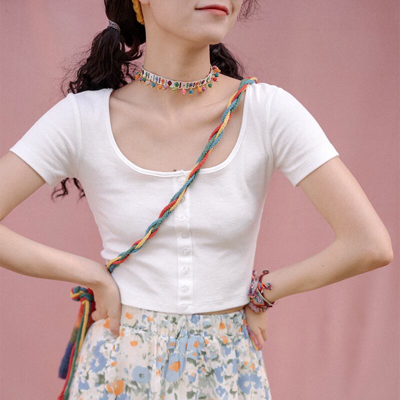 スリムTシャツショート無地伸縮性ボトミングレディースサマー半袖ハイウエストニットトップス鎖骨オールマッチ薄手 ドリームホーストラベル婦人服87398651024