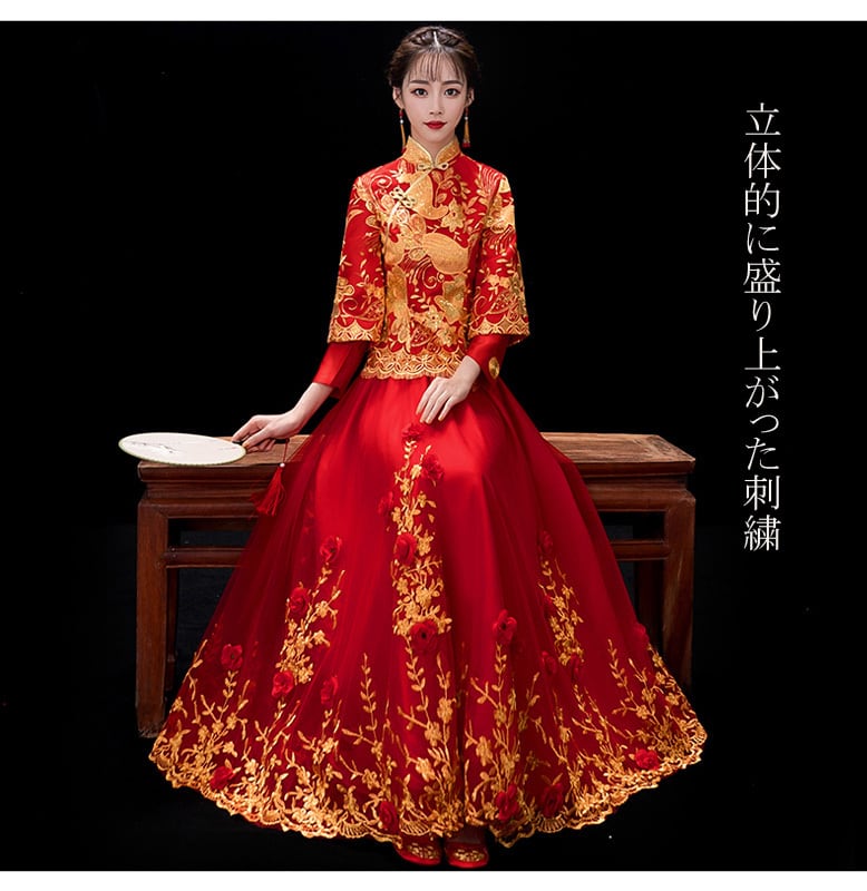 唐装 漢服 秀禾服 豪華3点セット 中国風ウェディングドレス チャイナ古代宮廷風 清朝民国風 龍鳳刺繍いりチ スカート中華服 演出 撮影服 レッド 花刺繍入り 上着 スカート 刺繍 Xs S M L Xl Xxl Elegant