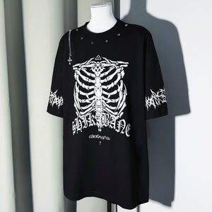 リブケージスカルグラフィックジッパールーズTシャツ(lli_7169)