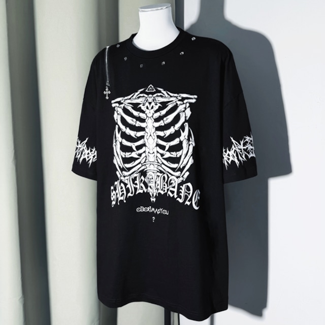 リブケージスカルグラフィックジッパールーズTシャツ(lli_7169)