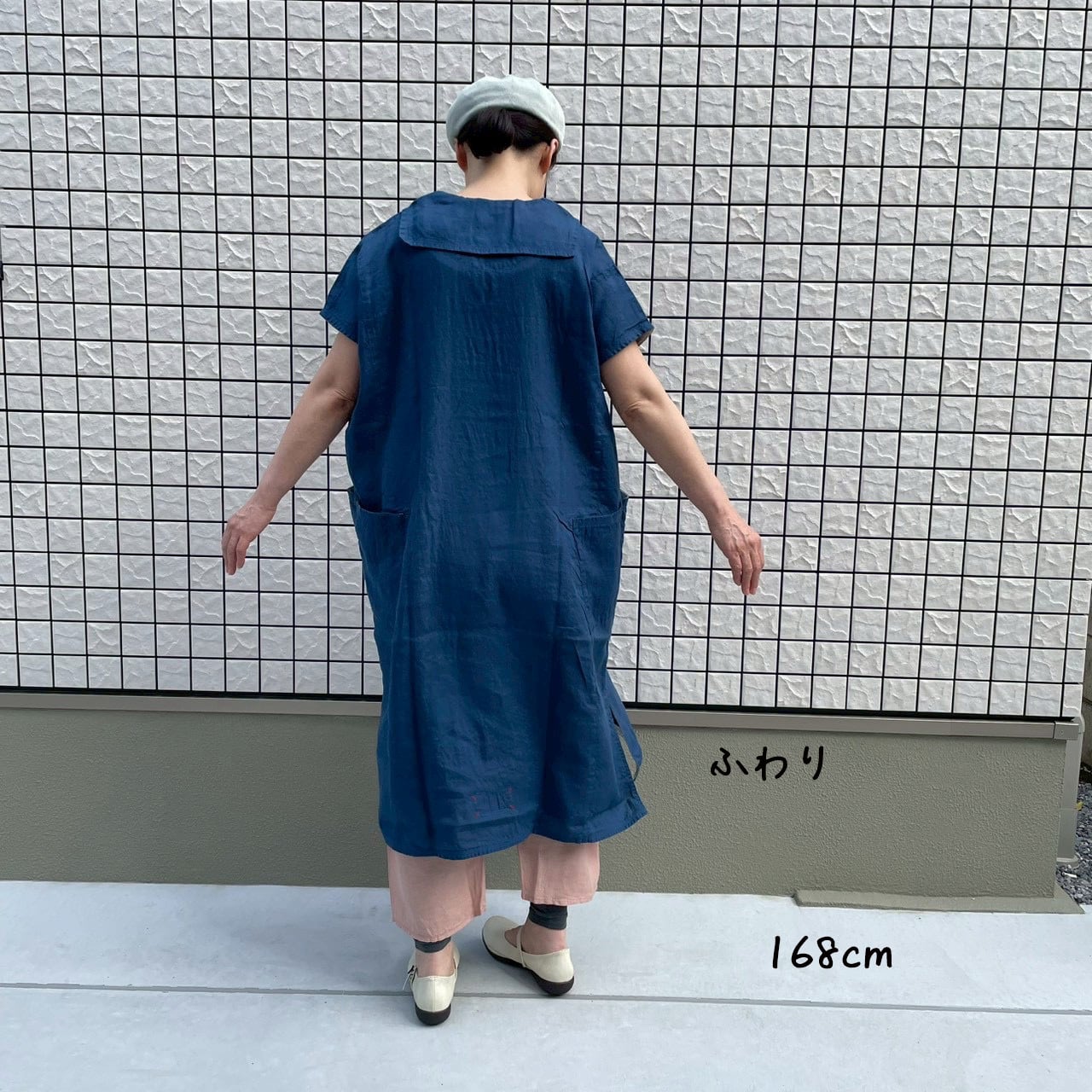 斜めポケ脇切り替えワンピース 初秋まで着られるリネン 62OP32 サイズF