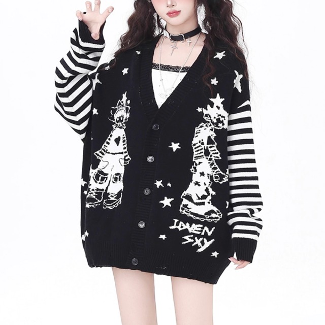 ボーダースリーブスターパターンサブカルパンクボタンカーディガン（2verあり）（lli_6339）