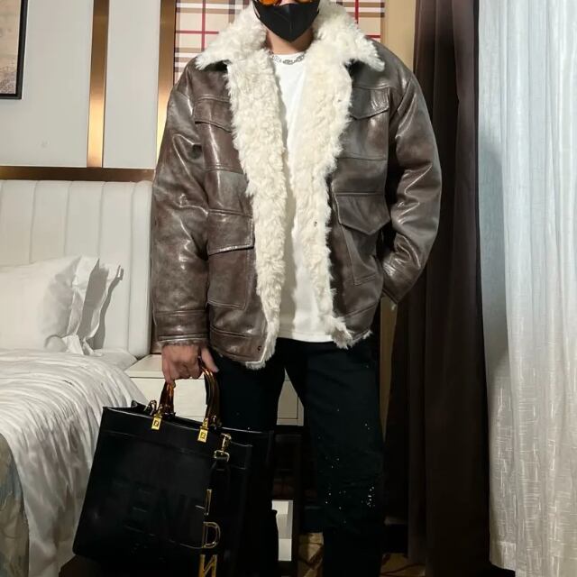 【予約販売】レザージャケット ブルゾン アウター ポケット 裏ボア ブラウン ジャケット ショート丈 メンズ カジュアル 男前 こなれ感 お洒落 韓国 トレンド 秋 冬 S/M/L