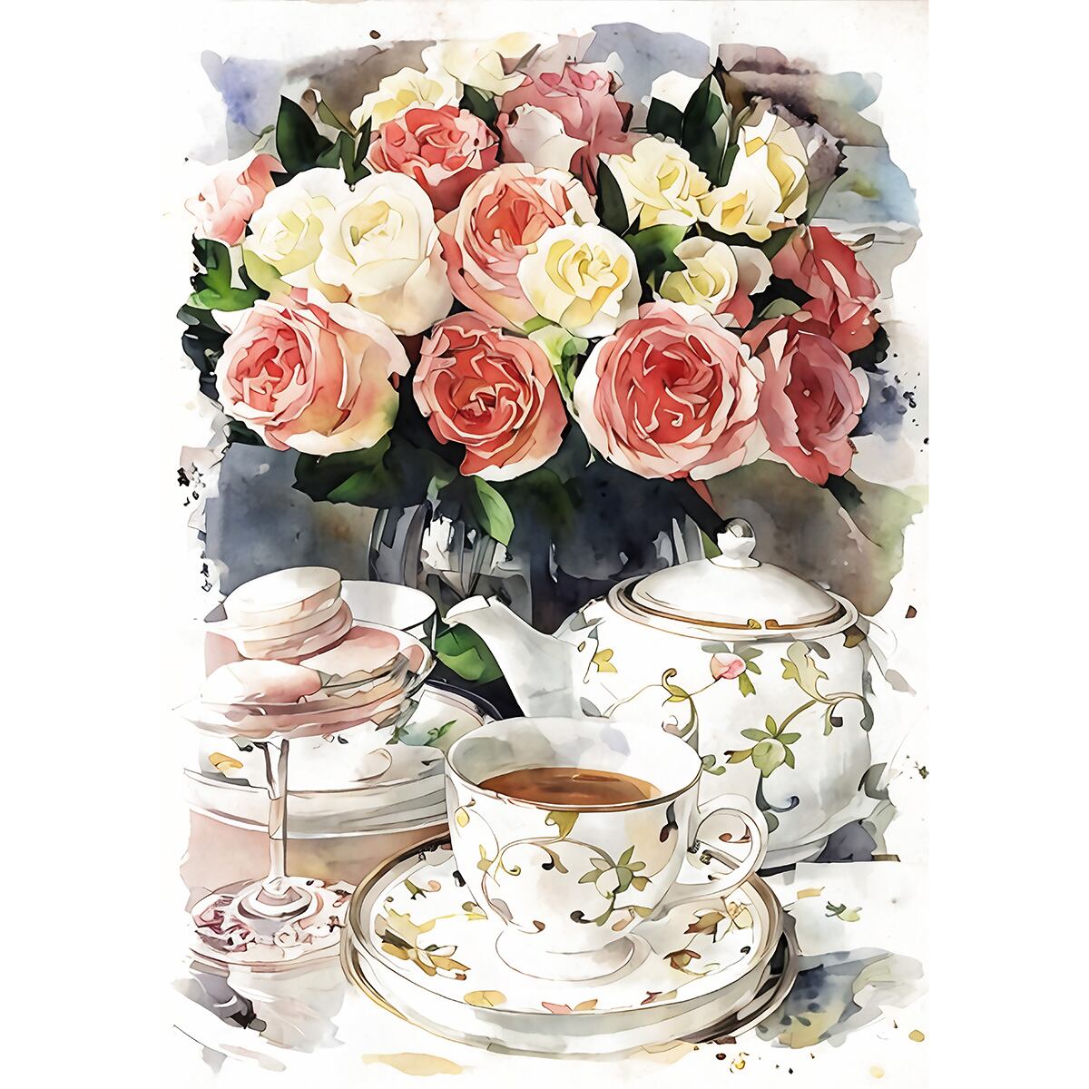 絵画 花(フラワー) 花瓶の薔薇とティーカップ インテリアアート額付き 水彩画・油絵風 WAT0851