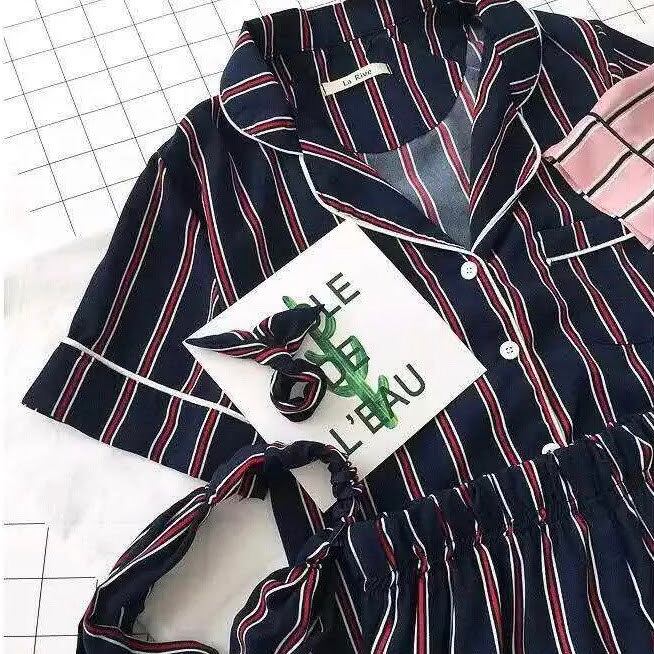 ★ ストライプ 半袖 短パン ロゴ パジャマ セット ストライプパジャマ 半袖シャツ&ショーパン&ヘアバンド 部屋着