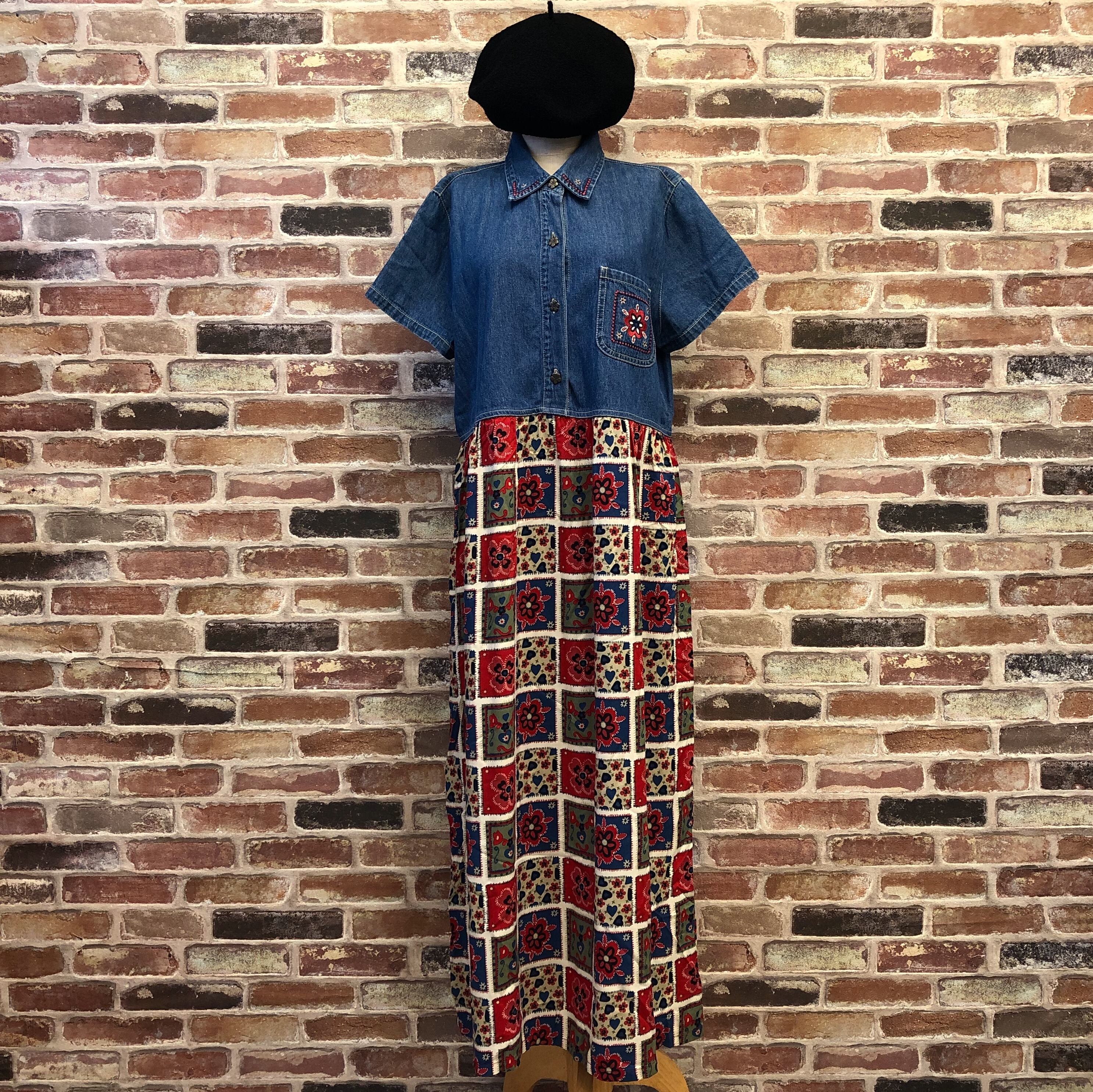 Two-tone Pattern Denim One-piece
