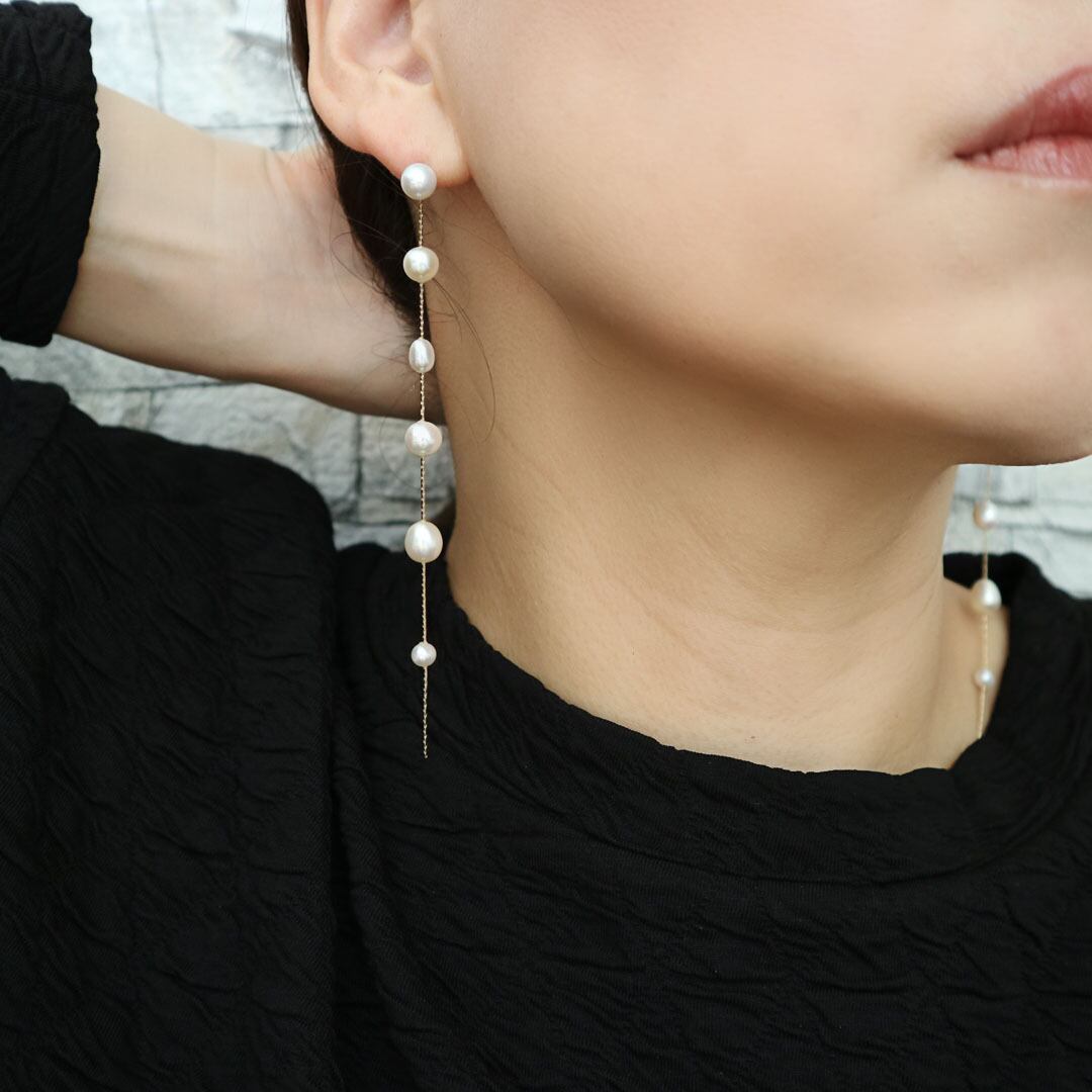 14kgf] 6連バロック淡水パールロングピアス | chiharu