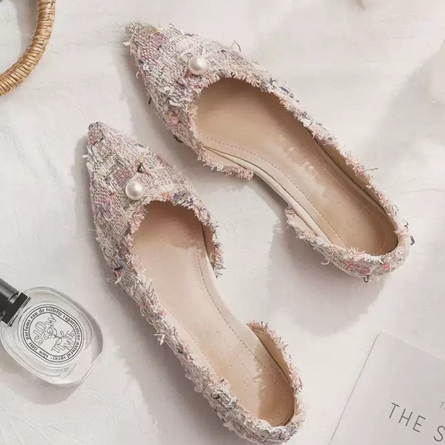 ツィード フリンジ フラットシューズ-ピンク