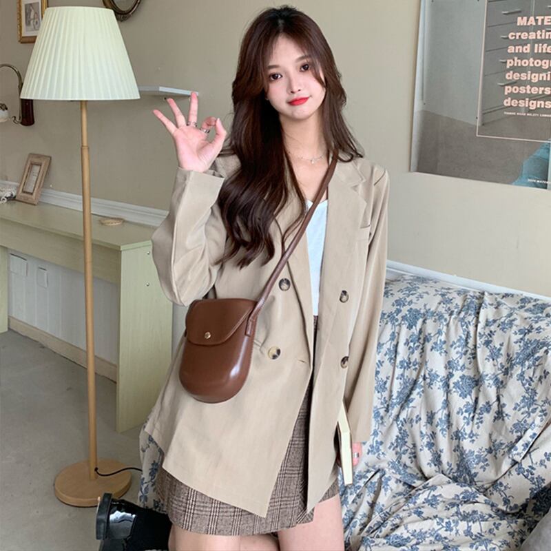 スタイルソリッド カラーダブルブレストルーズ薄手ジャケット スプリング 春物 ソリッドカラー 萌量不足4385256559